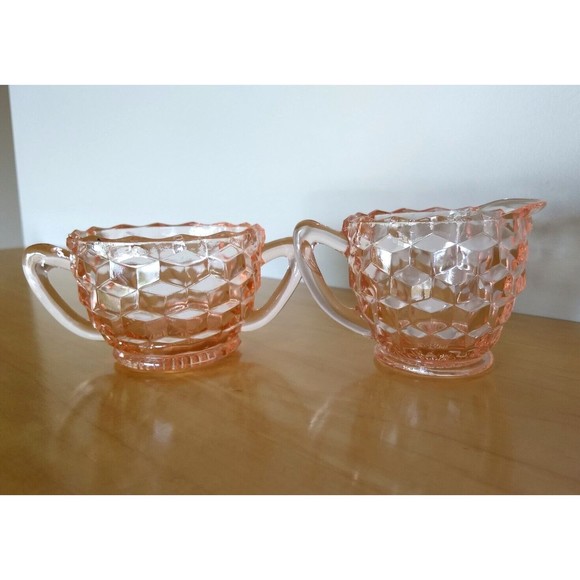 PINK DEPRESSION GLASS Creamer & Sugar Bowl Set Jeanette DIAMOND CUBIST Vintage - Picture 6 of 16